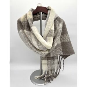 NWT Lauren Conrad Grey Plaid Oversized Scarf 18x74 Tweed Fringe Acrylic Poly New